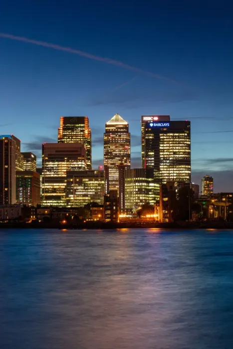 Framed Print : Canary Wharf and Isle of Dogs skyline at sunset, Docklands, London, England, United Kingdom, Europe