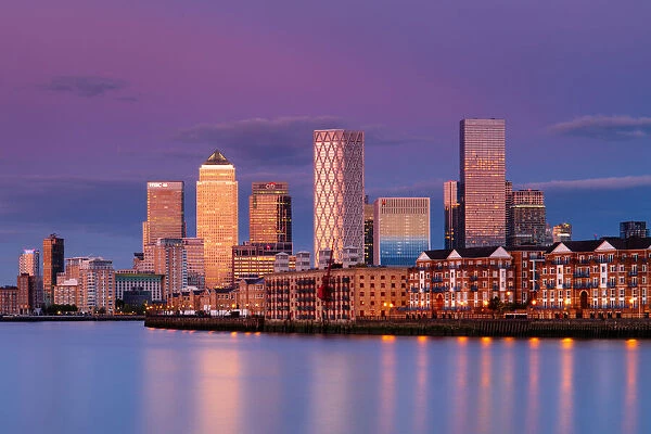 Canary Wharf and Rotherhithe at sunset, Docklands, London, England, United Kingdom