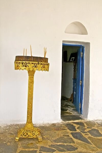 Detail of candle holder in front of Saint Nicolas chapel, by the sea, Giorpioupolis, Crete, Greek Islands, Greece, Europe