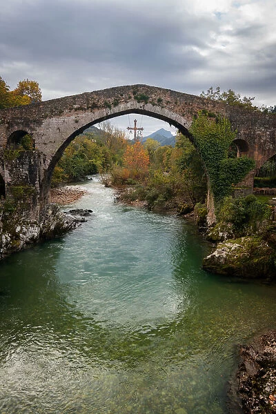 Cangas de Onis historic medieval Roman bridge over the Sella River in Picos de Europa