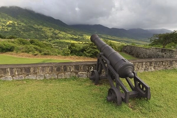 Cannon and green hills, Brimstone Hill Fortress, UNESCO World Heritage Site, St. Kitts, St. Kitts and Nevis, West Indies, Caribbean, Central America