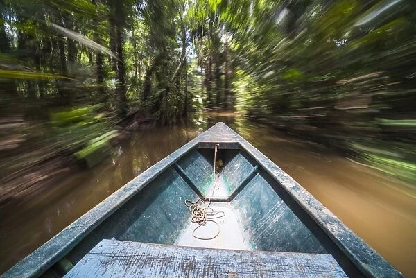 Canoe boat trip in Amazon Jungle of Peru, by Sandoval Lake in Tambopata National Reserve