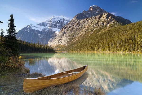 Canoe at Cavell Lake with Mount Edith Cavell in the Background, Jasper National Park
