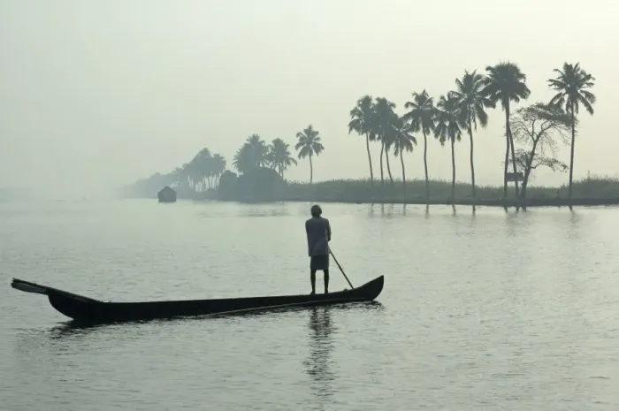 Framed Print : Canoe at dawn on backwaters, Alleppey District, Kerala, India, Asia Framed Print : Canoe at dawn on backwaters, Alleppey District, Kerala, India, Asia