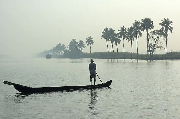 Canoe at dawn on backwaters, Alleppey District, Kerala, India, Asia