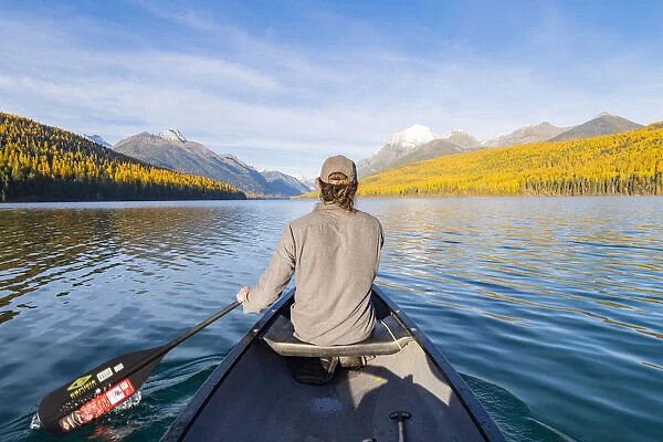 Canoeing across Bowman Lake, Glacier National Park, Montana, United States of America