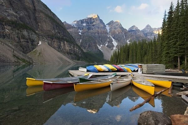 Canoes moored on Moraine Lake, Banff National Park, UNESCO World Heritage Site