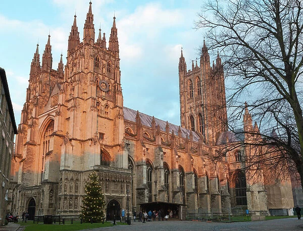 Canterbury Cathedral, UNESCO World Heritage Site, with nativity diorama at dusk, Canterbury, Kent, England, United Kingdom, Europe