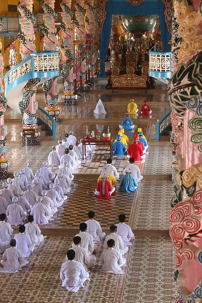Caodaist service with priests, Cao Dai Holy See Temple, Tay Ninh, Vietnam, Indochina