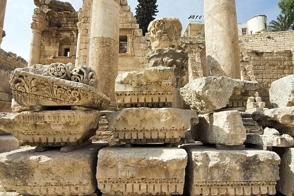 Capitals and ruins in North Colonnaded Street, Jerash (Gerasa), a Roman Decapolis City