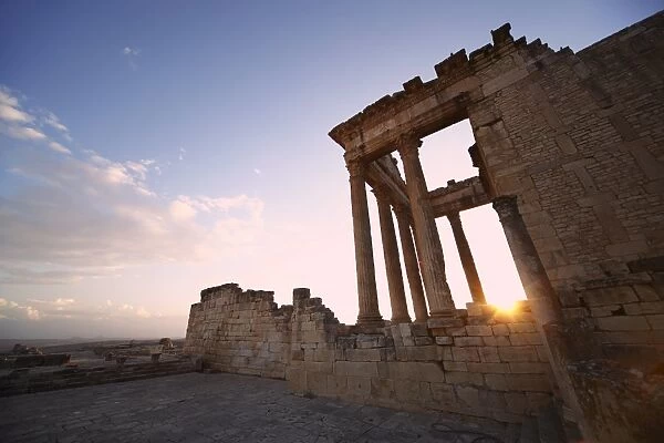 The Capitol at sunset in the Roman ruins, Dougga Archaeological Site, UNESCO World Heritage Site