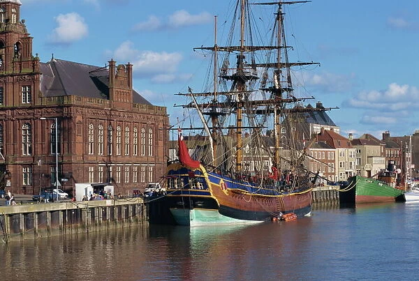 Captain Cooks ship moored on the quay in the harbour at Great Yarmouth