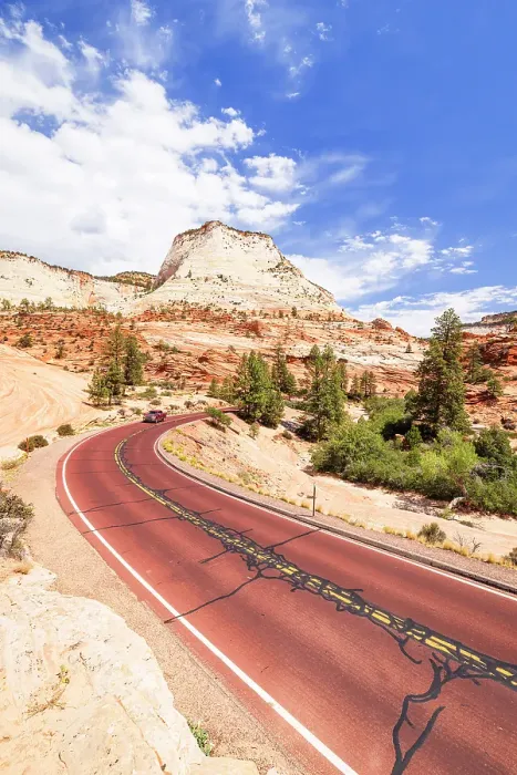 Framed Print : A car driving along scenic road in Zion National Park on a sunny day, Utah, United States of America Framed Print : A car driving along scenic road in Zion National Park on a sunny day, Utah, United States of America