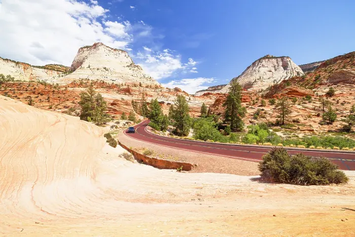 Framed Print : Car driving along scenic road in Zion National Park on a sunny summer day, Utah, United States of America Framed Print : Car driving along scenic road in Zion National Park on a sunny summer day, Utah, United States of America