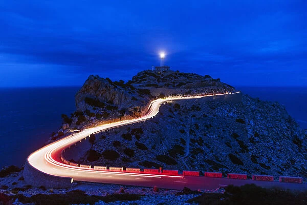 Car light trails, Cap Formentor lighthouse, Majorca, Balearic Islands, Spain, Mediterranean