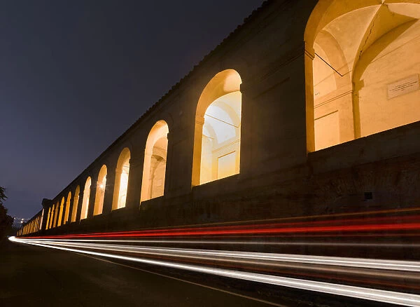 Car light trails and the porticoes of Bologna, Bologna, Emilia Romagna, Italy, Europe