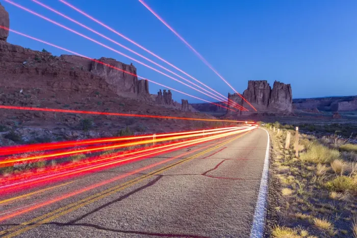 Framed Print : Car lights, Arches National Park, Moab, Utah, United States of America, North America Framed Print : Car lights, Arches National Park, Moab, Utah, United States of America, North America