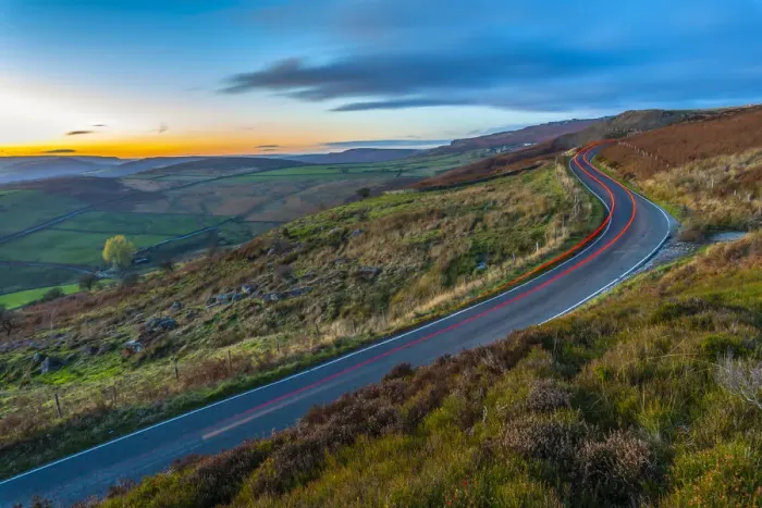 Framed Print : Car trail lights near Curbar Edge at dusk, Derbyshire, Peak District National Park Framed Print : Car trail lights near Curbar Edge at dusk, Derbyshire, Peak District National Park