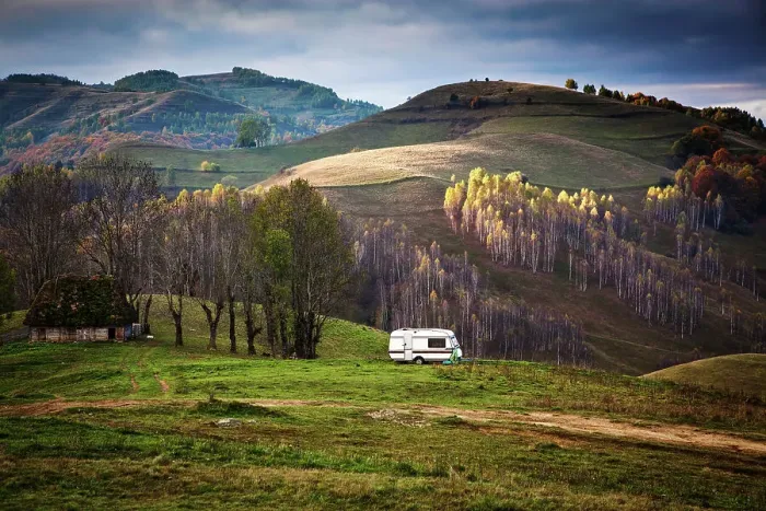 Framed Print : Caravan in autumn landscape, Apuseni mountains, Romania, Europe Framed Print : Caravan in autumn landscape, Apuseni mountains, Romania, Europe