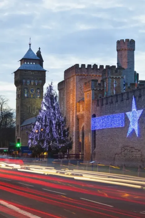 Framed Print : Cardiff Castle with Christmas lights and traffic light trails, Cardiff Framed Print : Cardiff Castle with Christmas lights and traffic light trails, Cardiff