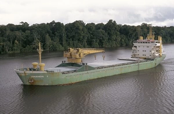 Cargo ship in the Breves Narrows in the Amazon area, Brazil, South America
