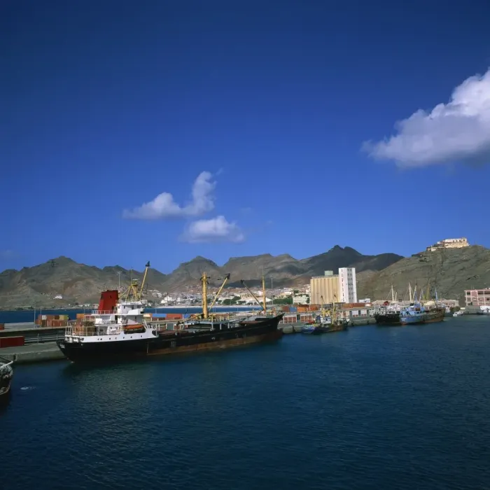 Framed Print : Cargo ships in port, with the town and mountains in the background, Mindelo Framed Print : Cargo ships in port, with the town and mountains in the background, Mindelo