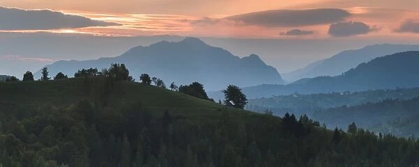 Carpathian Mountains landscape at sunrise near Bran Castle, Transylvania, Romania, Europe