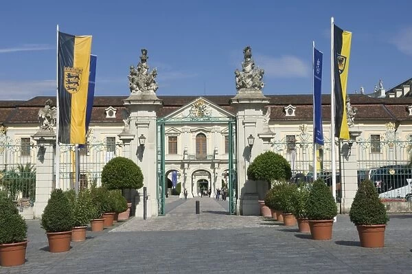 The carraige entrance to the 18th century Baroque Residenzschloss, inspired by Versailles Palace, Ludwigsburg, Baden Wurttemberg, Germany, Europe