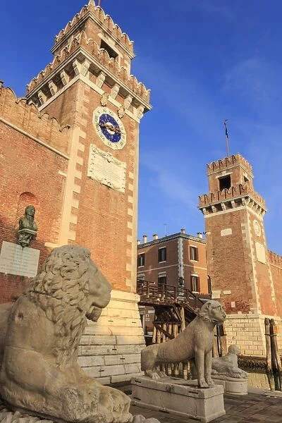 Carved lions, Arsenale entrance (naval shipyard), in winter afternoon sun, Castello