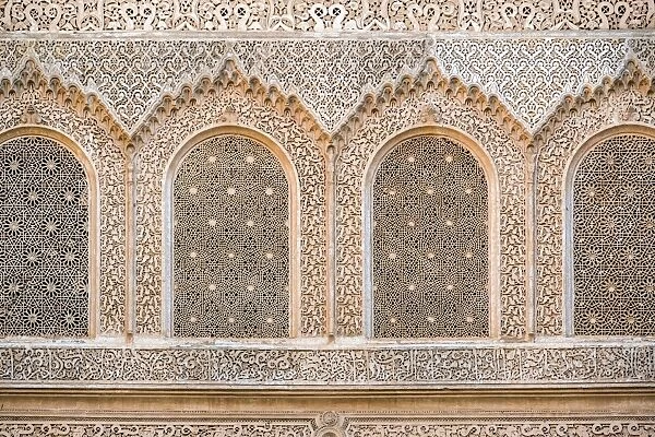 Carved plaster wall, Ben Youssef Madrasa, 16th century Islamic College, UNESCO World Heritage Site