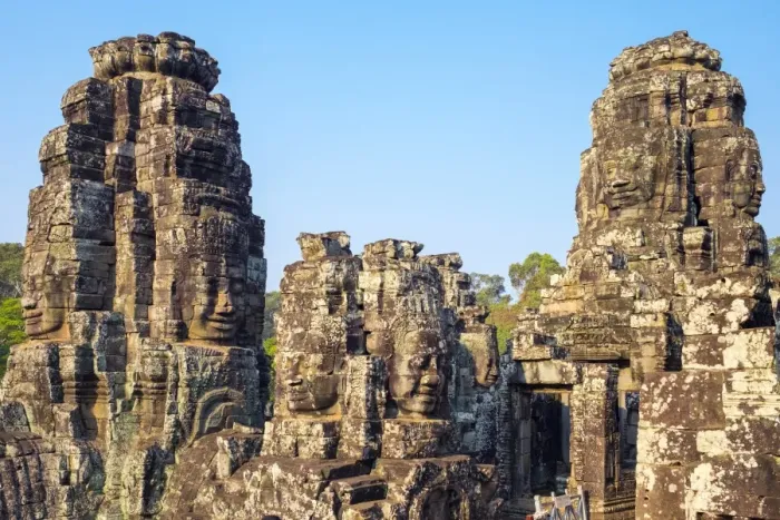 Framed Print : Carved stone faces at Prasat Bayon temple ruins, Angkor Thom, UNESCO World Heritage Site Framed Print : Carved stone faces at Prasat Bayon temple ruins, Angkor Thom, UNESCO World Heritage Site