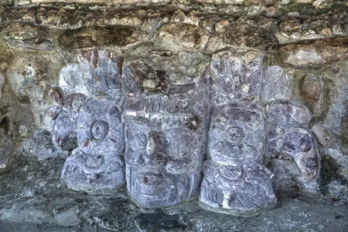 Framed Print : Carved stone masks, Temple of Masks, Edzna, Mayan archaeological site, Campeche, Mexico Framed Print : Carved stone masks, Temple of Masks, Edzna, Mayan archaeological site, Campeche, Mexico
