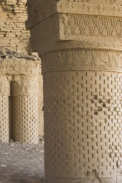 Carved stucco decoration on column, No-Gonbad Mosque (Mosque of Nine Cupolas) also known as Khoja Piada (Masjid-e Haji Piyada) (Mosque of the Walking Pilgrim), dating from 9th century, the earliest Islamic monument in the country, Balkh (Mother of Cities), Balkh province