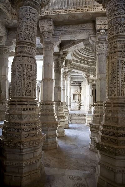 Carved white marble interior of Ranakpur Jain Temple, near Udaipur, Rajasthan