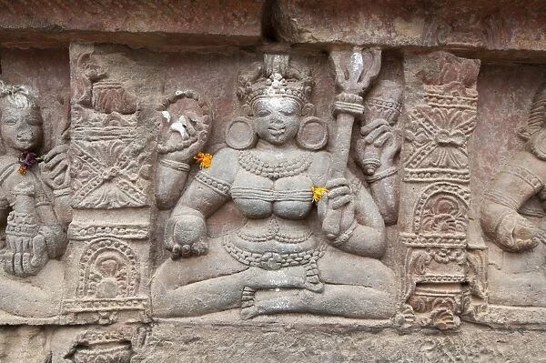 Carving on the wall of the 7th century ornately carved Parasurameswar Hindu temple dedicated to Lord Shiva, Bhubaneshwar, Orissa, India, Asia