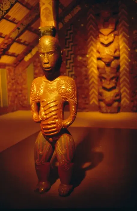 Framed Print : Carvings in interior of a Maori meeting house Framed Print : Carvings in interior of a Maori meeting house
