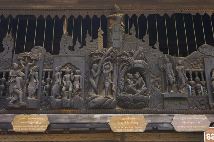 Framed Print : Carvings of Jataka and Ramayana tales, Youqson Kyaung (Yoke-Sone Kyaung) the oldest surviving wooden monastery in the Bagan area, now a museum containing articles from the Konbaung period, Salay (Sale), Myanmar Framed Print : Carvings of Jataka and Ramayana tales, Youqson Kyaung (Yoke-Sone Kyaung) the oldest surviving wooden monastery in the Bagan area, now a museum containing articles from the Konbaung period, Salay (Sale), Myanmar