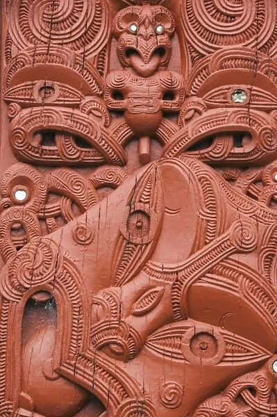 Carvings on a Whare Whakairo Meeting House