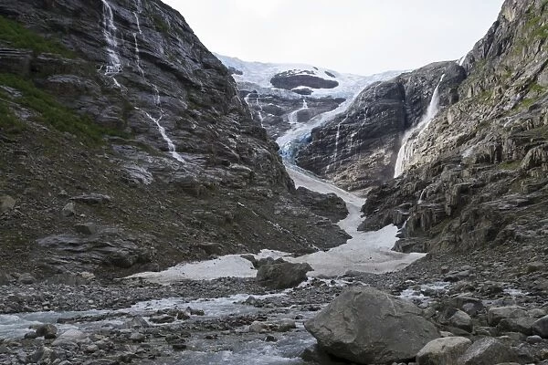 Cascading waterfalls and Kjenndalen Glacier, Jostedalsbreen National Park, Lodal Valley, Norway, Scandinavia, Europe