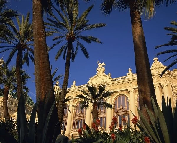 The Casino framed by flowers and palm trees in Monte Carlo, Monaco, Europe
