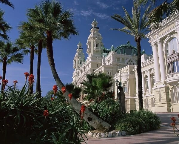 The Casino from the south terrace, palms and flowers in foreground, Monte Carlo