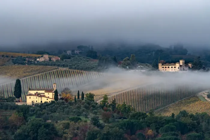 Framed Print : Castello di Gabbiano across a misty valley, church in foreground, San Casciano, Tuscany Framed Print : Castello di Gabbiano across a misty valley, church in foreground, San Casciano, Tuscany