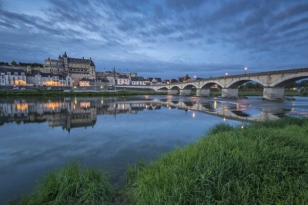 Castle and bridge at blue hour, Amboise, Indre-et-Loire, Loire Valley, Centre, France
