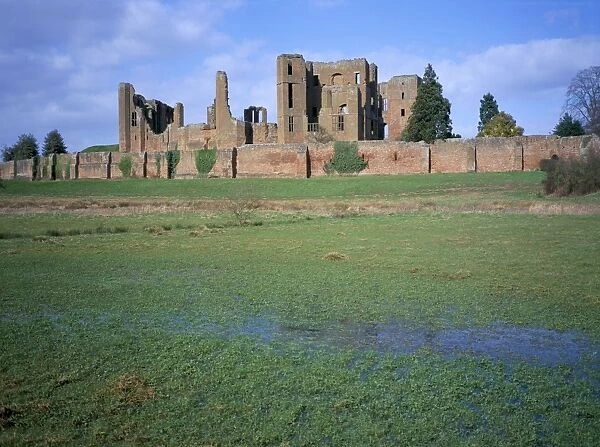 Castle exterior from the water meadow, Kenilworth Castle, managed by English Heritage