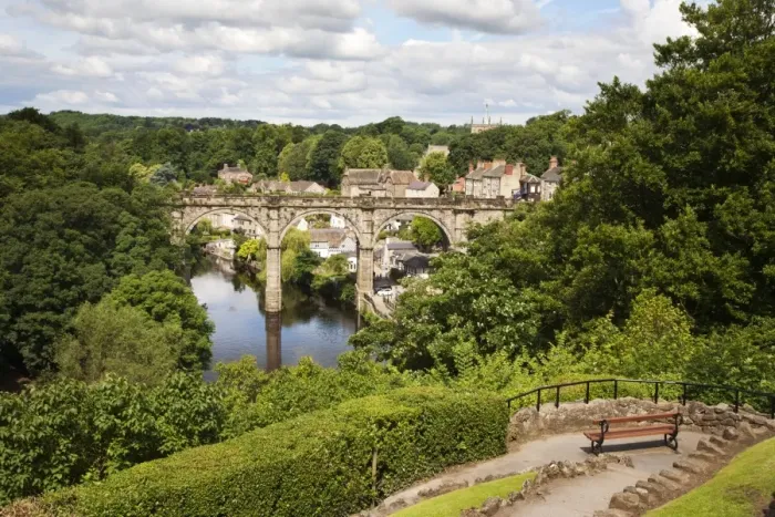 Framed Print : Castle Grounds Viewpoint looking toward Knaresborough Viaduct and River Nidd, Knaresborough, North Yorkshire, Yorkshire, England, United Kingdom, Europe