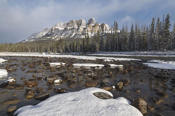Castle Mountain and the Bow River after an early winter snowfall, Banff National Park, UNESCO World Heritage Site, Alberta, Canadian Rockies, Canada, North America