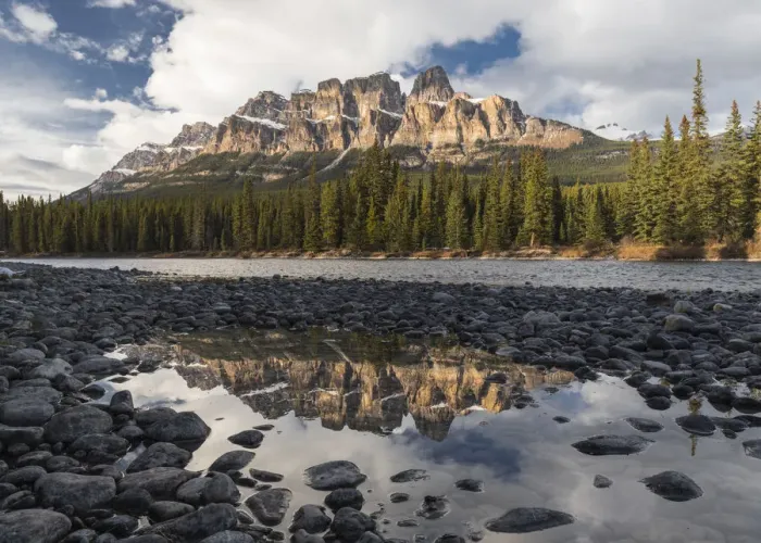 Framed Print : Castle Mountain and Bow River sunset and reflection, Banff National Park, Alberta, Canada