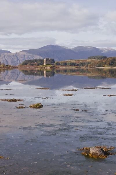Castle Stalker reflecting into the waters of Loch Laich, Argyll and Bute, Scotland, United Kingdom, Europe