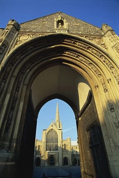 Cathedral through archway, Norwich, Norfolk, England, United Kingdom, Europe