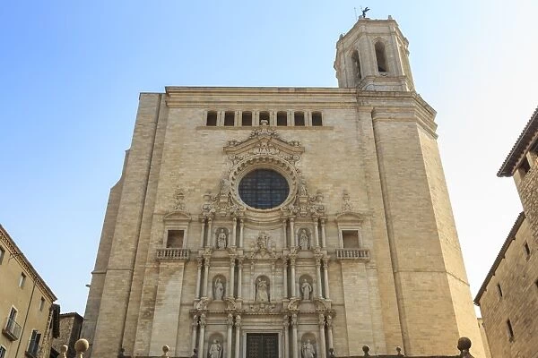 Cathedral, baroque facade from cathedral steps, City of Girona, Girona Province, Catalonia